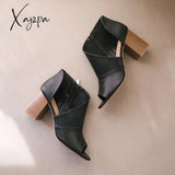 Xajzpa - Women Black Summer Sandals Side Zip Mid Heel Peep Toe