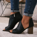 Xajzpa - Women Black Summer Sandals Side Zip Mid Heel Peep Toe Sandals