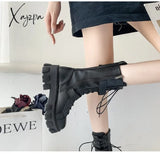 Xajzpa - Women Boots New Lace-Up Platform Shoes Leather British Short Ladies Ankle Fashion