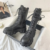 Xajzpa - Women Boots New Lace-Up Platform Shoes Leather British Short Ladies Ankle Fashion