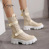 Xajzpa - Women Boots New Lace-Up Platform Shoes Leather British Short Ladies Ankle Fashion Beige /