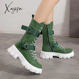 Xajzpa - Women Boots New Lace-Up Platform Shoes Leather British Short Ladies Ankle Fashion Green /