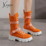 Xajzpa - Women Boots New Lace-Up Platform Shoes Leather British Short Ladies Ankle Fashion Orange /