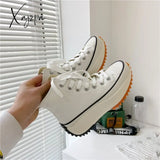 Xajzpa - Women Canvas Shoes High Top Boots Lace Up Casual Sneakers Plarform Height Increasing Girl