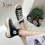 Xajzpa - Women Canvas Shoes High Top Boots Lace Up Casual Sneakers Plarform Height Increasing Girl
