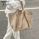 Xajzpa - Women Canvas Shoulder Bags Plaid Double-Side Large Capacity Handbags Female Shopping