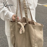 Xajzpa - Women Canvas Shoulder Bags Plaid Double-Side Large Capacity Handbags Female Shopping