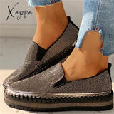 Xajzpa - Women Casual Fashion Rhinestone Slip-On Sneakers Black / 5