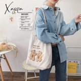 Xajzpa - Women Corduroy Shoulder Bag Lucky Bears Embroidery Striped Canvas Handbag Eco Cloth Tote