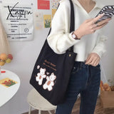 Xajzpa - Women Corduroy Shoulder Bag Lucky Bears Embroidery Striped Canvas Handbag Eco Cloth Tote