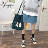 Xajzpa - Women Corduroy Shoulder Bag Lucky Bears Embroidery Striped Canvas Handbag Eco Cloth Tote