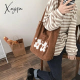 Xajzpa - Women Corduroy Shoulder Bag Lucky Bears Embroidery Striped Canvas Handbag Eco Cloth Tote