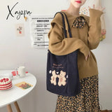 Xajzpa - Women Corduroy Shoulder Bag Lucky Bears Embroidery Striped Canvas Handbag Eco Cloth Tote