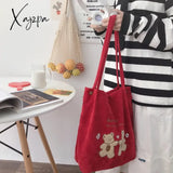 Xajzpa - Women Corduroy Shoulder Bag Lucky Bears Embroidery Striped Canvas Handbag Eco Cloth Tote