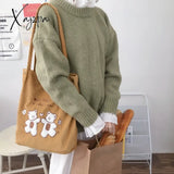 Xajzpa - Women Corduroy Shoulder Bag Lucky Bears Embroidery Striped Canvas Handbag Eco Cloth Tote