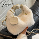 Xajzpa - Women Faux Fur Handbags Zipper Small Lady Shoulder Crossbody Bag Casual Tote Half-Moon Hobos Winder