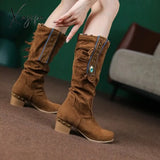 Xajzpa - Women Faux Suede Mid Calf Slouchy Boots Round Toe Chunky Heel Slouch Long Ladies Autumn