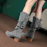 Xajzpa - Women Faux Suede Mid Calf Slouchy Boots Round Toe Chunky Heel Slouch Long Ladies Autumn