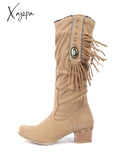 Xajzpa - Women Faux Suede Mid Calf Slouchy Boots Round Toe Chunky Heel Slouch Long Ladies Autumn