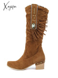 Xajzpa - Women Faux Suede Mid Calf Slouchy Boots Round Toe Chunky Heel Slouch Long Ladies Autumn