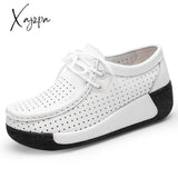 Xajzpa - Women Flat Platform Loafers Genuine Leather Comfortable Wedge Moccasins Shoes Soft White