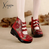 Xajzpa - Women Flower Sandals Shoes Slope Casual Leather Fashion Embroidered Ladies Vintage