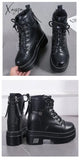 Xajzpa - Women High Heels 10Cm Thick Heel Ankle Boots Lace Up Black Chunky Autumn Winter Leather