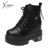 Xajzpa - Women High Heels 10Cm Thick Heel Ankle Boots Lace Up Black Chunky Autumn Winter Leather