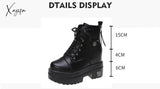 Xajzpa - Women High Heels 10Cm Thick Heel Ankle Boots Lace Up Black Chunky Autumn Winter Leather