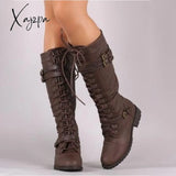 Xajzpa - Women Knee High Boots Autumn Winter Lace Up Flat Shoes Sexy Steampunk Pu Retro Buckle