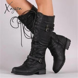 Xajzpa - Women Knee High Boots Autumn Winter Lace Up Flat Shoes Sexy Steampunk Pu Retro Buckle