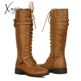 Xajzpa - Women Knee High Boots Autumn Winter Lace Up Flat Shoes Sexy Steampunk Pu Retro Buckle