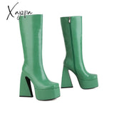 Xajzpa - Women Knee High Boots Platform Thick High Heel Ladies Calf Boots Faux Leather Square Toe Zipper Shoes