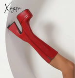 Xajzpa - Women Knee High Boots Platform Thick Heel Ladies Calf Faux Leather Square Toe Zipper Shoes