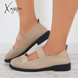 Xajzpa - Women Knit Mary Jane Flats Breathable Loafers Comfy Walking Shoes Khaki / 5