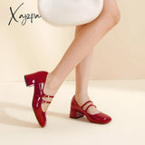 Xajzpa - Women Leather Double Buckle Heeled Mary Janes