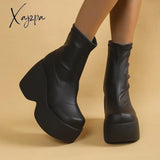 Xajzpa - Women Martin Boots New Thick Sole Shoes Slope Heel Square Head Casual Elastic Fashion