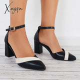 Xajzpa - Women Mary Jane Pumps Pointed Toe Ankle Strap Buckle Chunky Block Heels /