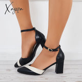 Xajzpa - Women Mary Jane Pumps Pointed Toe Ankle Strap Buckle Chunky Block Heels