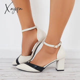 Xajzpa - Women Mary Jane Pumps Pointed Toe Ankle Strap Buckle Chunky Block Heels White / 5