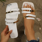 Xajzpa - Women Metallic Detail Slide Sandals 2023 Summer New Outdoor Slippers Design Sandy Beach