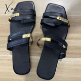 Xajzpa - Women Metallic Detail Slide Sandals 2023 Summer New Outdoor Slippers Design Sandy Beach