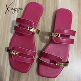 Xajzpa - Women Metallic Detail Slide Sandals 2023 Summer New Outdoor Slippers Design Sandy Beach