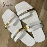 Xajzpa - Women Metallic Detail Slide Sandals 2023 Summer New Outdoor Slippers Design Sandy Beach