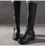 Xajzpa - Women Mid-Calf Boots Fashion Metal Buckle Women’s Leather Footwear Woman Zip Shoes