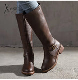 Xajzpa - Women Mid-Calf Boots Fashion Metal Buckle Women’s Leather Footwear Woman Zip Shoes