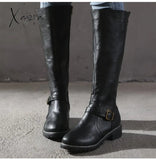 Xajzpa - Women Mid-Calf Boots Fashion Metal Buckle Women’s Leather Footwear Woman Zip Shoes