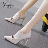 Xajzpa - Women Naked Boots 2023 New Patent Leather Shoes Ankle Botas Pointed Toe Metal Chain Side