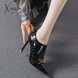 Xajzpa - Women Naked Boots 2023 New Patent Leather Shoes Ankle Botas Pointed Toe Metal Chain Side