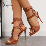 Xajzpa - Women Nightclub High Heels Gladiator Split Leather Ankle Strap Brown / 5